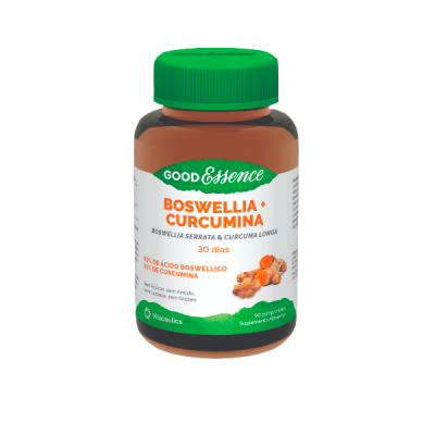 Frasco de suplemento Boswellia e Curcumina GOOD Essence com tampa verde