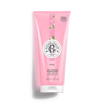 Gel de duche Roger & Gallet rosa com texto e padrões florais
