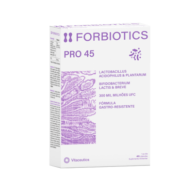 Caixa do suplemento FORBIOTICS PRO 45 com texto em roxo em fundo branco