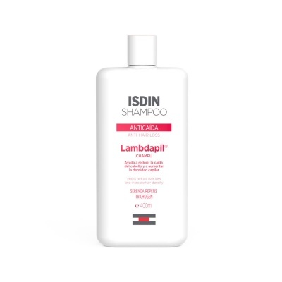 Frasco branco de champô ISDIN Lambdapil anti-queda 400 ml