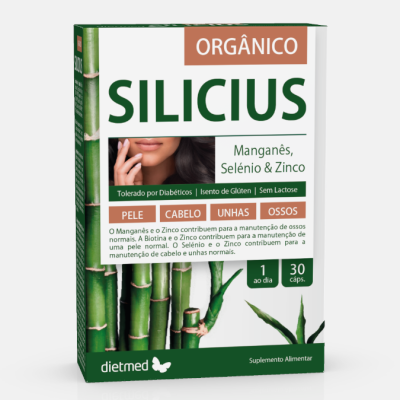 Embalagem de suplemento Silicius orgânico com manganês, selénio e zinco para pele, cabelo, unhas e ossos.