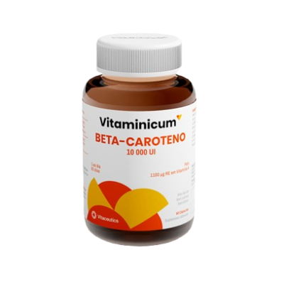 Frasco de suplemento Beta-Caroteno Vitaminicum com rótulo branco e detalhes laranja e amarelo