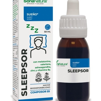 Frasco de suplemento Sleepsor da Soria Natural com embalagem e conta-gotas.