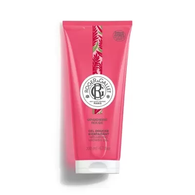 Gel de duche Roger&Gallet rosa com tampa branca e texto em francês