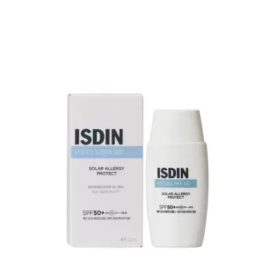 Protetor solar ISDIN SPF 50+ em frasco branco com caixa