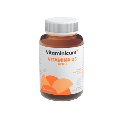 Frasco de suplemento vitamina D3 com rótulo branco e texto laranja