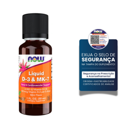 Frasco de suplemento NOW Liquid D-3 & MK-7 com selo de segurança