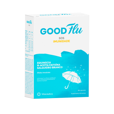 Embalagem de suplemento Good Flu SOS Imunidade azul e branca com ilustração de guarda-chuva