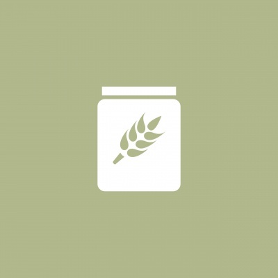 Frasco branco com símbolo de espiga de trigo em fundo verde claro