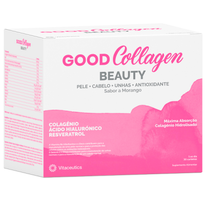 Embalagem de suplemento GOOD Collagen BEAUTY cor branca e rosa