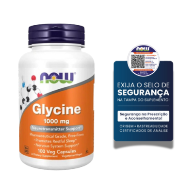 Frasco de suplemento Glycine 1000 mg da NOW com selo de segurança em fundo branco
