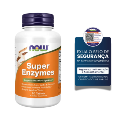 Frasco de suplemento Super Enzymes NOW com selo de segurança em português