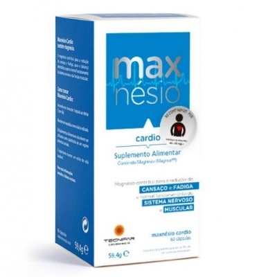 Embalagem de suplemento alimentar Maxnėsio Cardio azul e branca