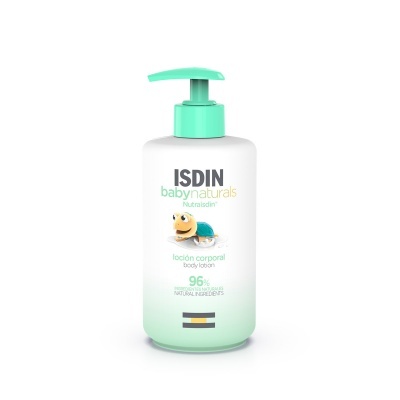 Frasco de loção corporal ISDIN baby naturals com doseador verde e desenho de tartaruga