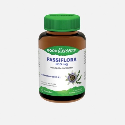 Frasco de suplemento Passiflora 500 mg Good Essence com tampa verde