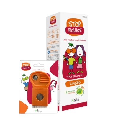 Embalaem contendo loção Stop Piolhos e dispositivo laranja para tratamento de piolhos.