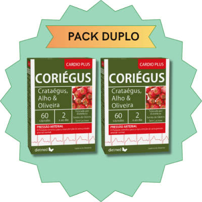 Pack duplo CORIÉGUS Cardio Plus suplemento para pressão arterial com Crataégus, Alho e Oliveira