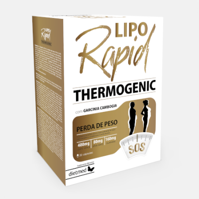 Embalagem branca e dourada do suplemento Lipo Rapid Thermogenic para perda de peso