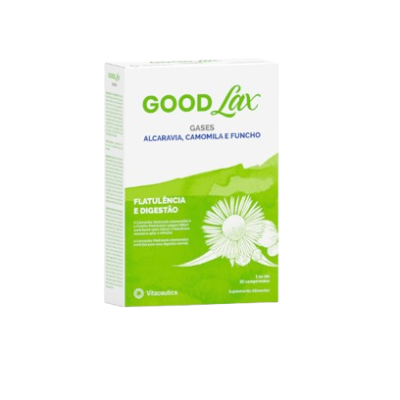 Embalagem branca e verde do produto GOODLax com texto e desenho de flores.
