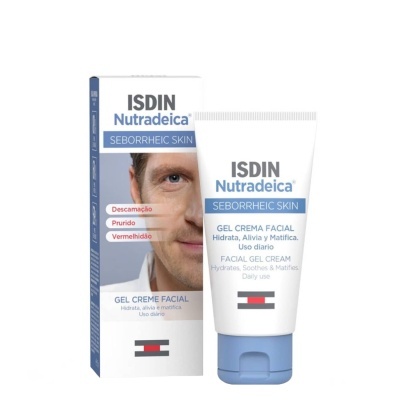 Gel creme facial ISDIN Nutradeica Seborrheic Skin com embalagem e tubo
