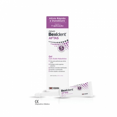 Embalagem e tubo de gel Bexident Aftas, branco com detalhes roxos