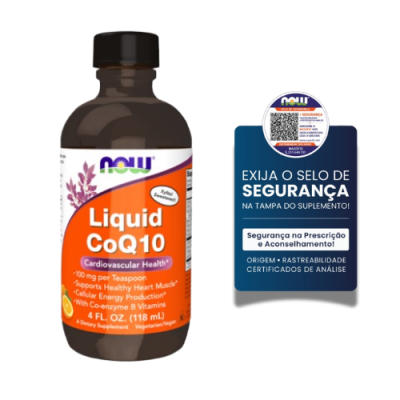 Frasco de suplemento líquido NOW Liquid CoQ10 com selo de segurança azul