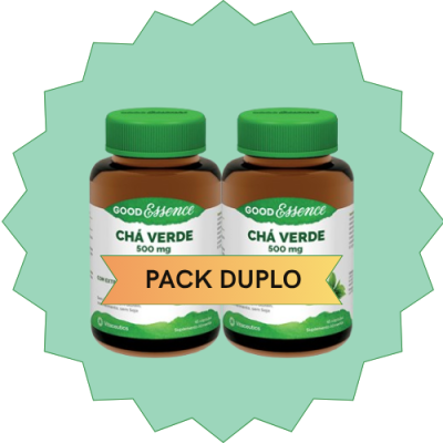 Duas embalagens de suplemento de chá verde com rótulos e tampa verdes