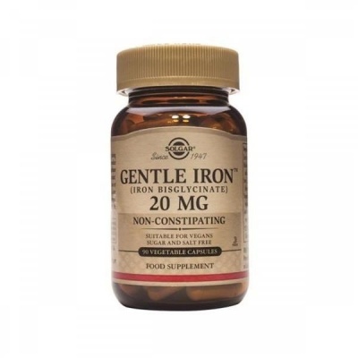 frasco de suplemento alimentar Gentle Iron Solgar 20 MG