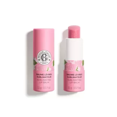 Bálsamo labial sublimador Roger & Gallet cor-de-rosa e branca com padrão floral