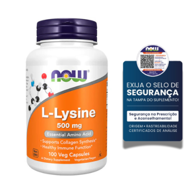 frasco de suplemento NOW L-Lysine 500 mg com selo de segurança