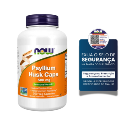 Frasco de Psyllium Husk Caps 500 mg da NOW e selo de segurança em fundo branco