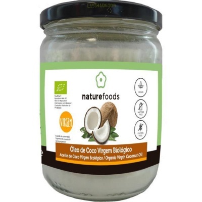 Frasco de óleo de coco virgem biológico da Naturefoods com etiqueta verde e branca