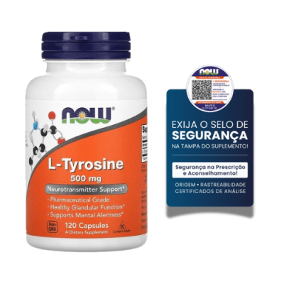 Frasco de suplemento L-Tyrosine 500 mg da marca NOW com selo de segurança na tampa