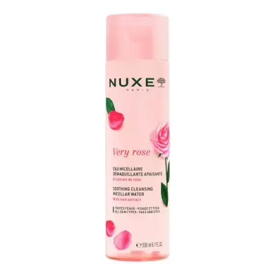 Frasco rosa de água micelar NUXE Very Rose com flores desenhadas