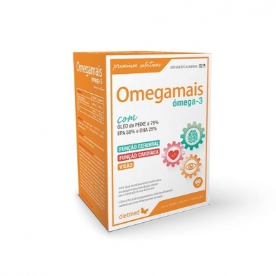 Embalagem branca e laranja do suplemento Omegamais ômega-3 com 60 cápsulas da marca dietmed