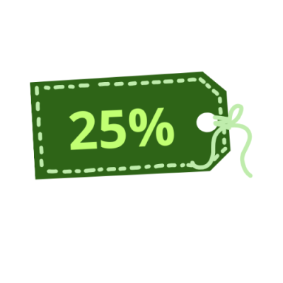Etiqueta verde com desconto de 25% verde claro e cordão