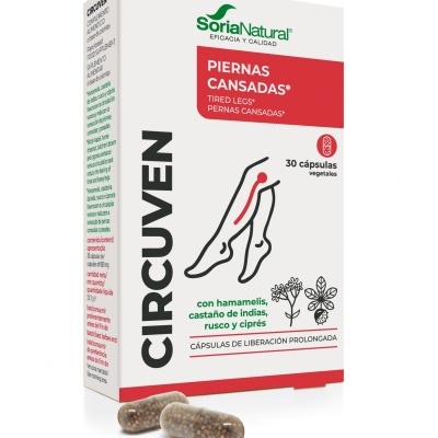 Caixa de cápsulas vegetais Circleven da Soria Natural para pernas cansadas com duas cápsulas visíveis