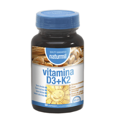 Frasco de suplemento vitamina D3+K2 Naturmil com rótulo branco e azul