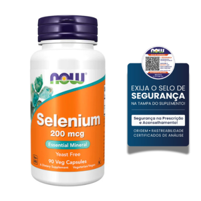 frasco de suplemento NOW Selenium 200 mcg com selo de segurança