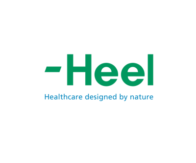 Logotipo verde '-Heel' com slogan azul sobre fundo branco