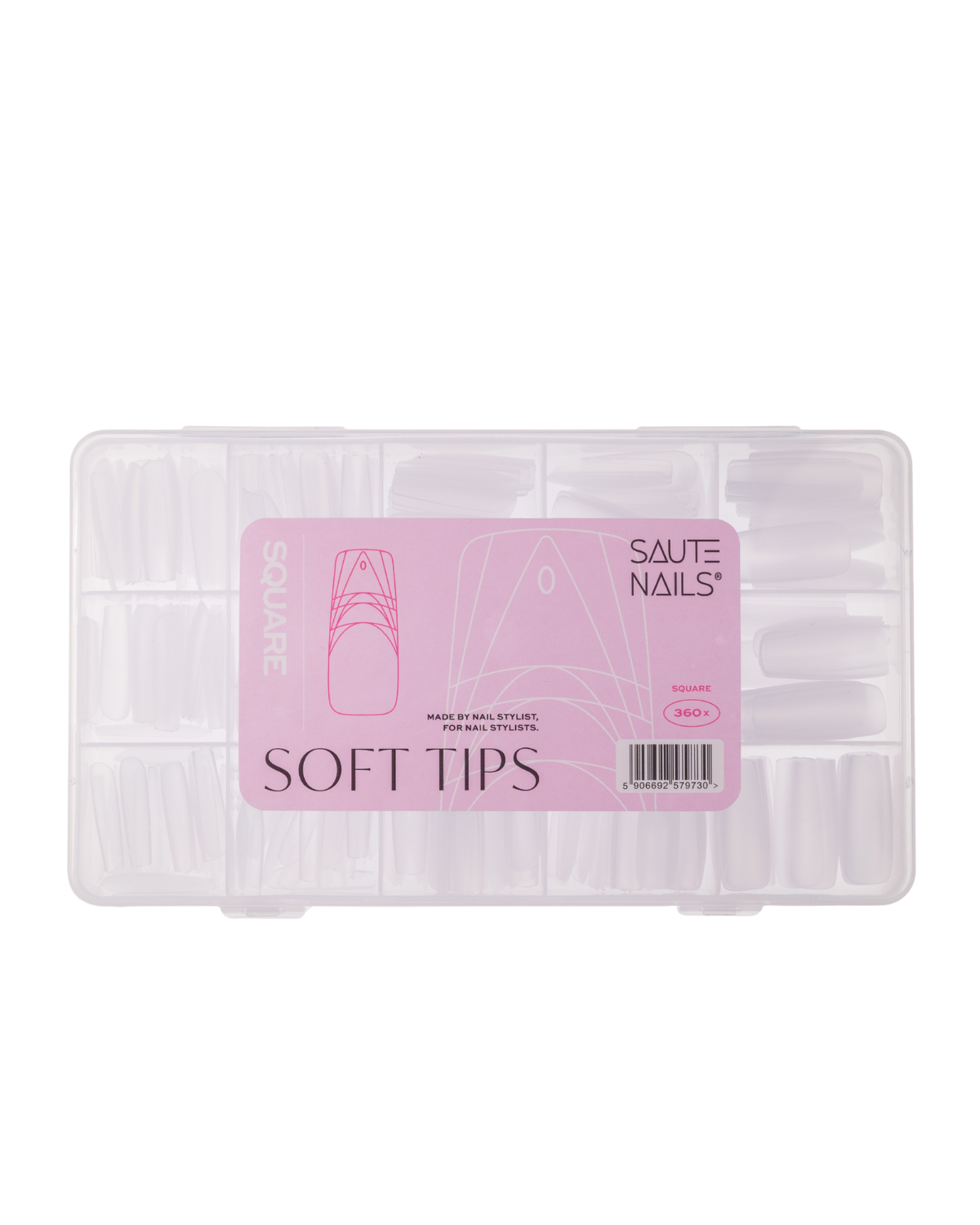 Soft Tips Square 360 Unidades Estojo transparente com pontas de unhas brancas e etiqueta rosa