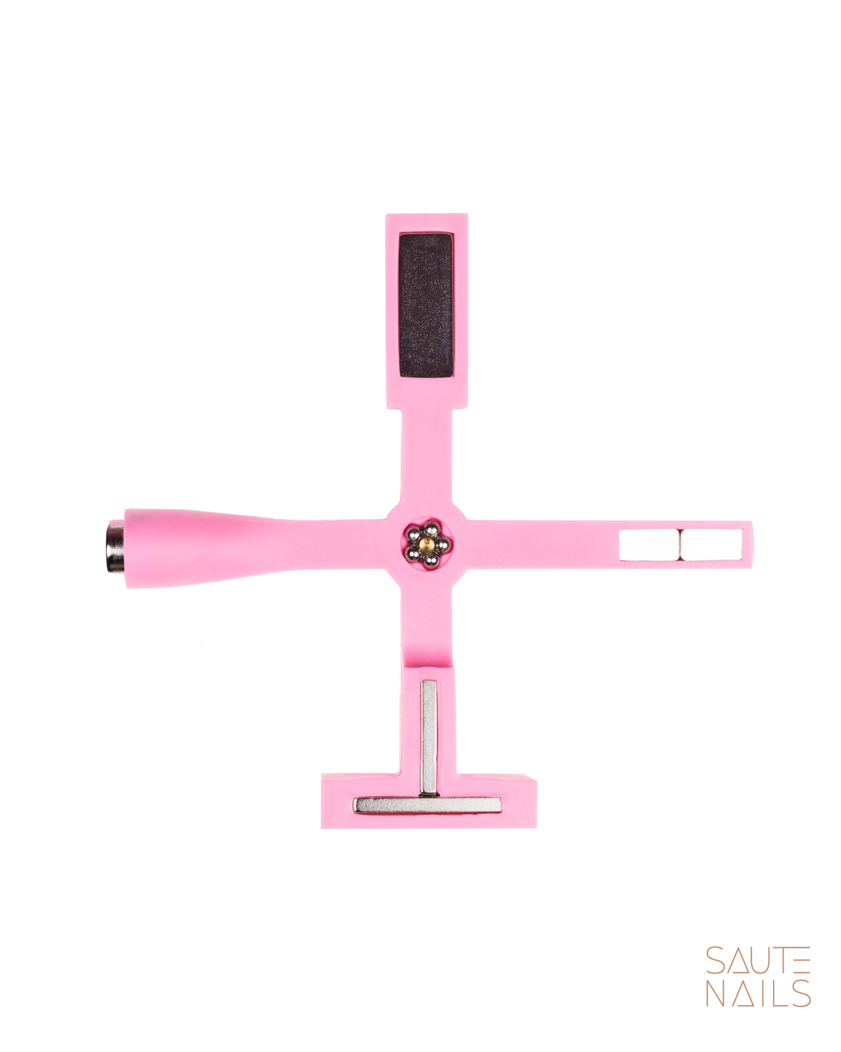 Íman Cat Eye 5-em-1 Suporte de unhas cor-de-rosa em forma de cruz para manicure com várias superfícies, em fundo branco