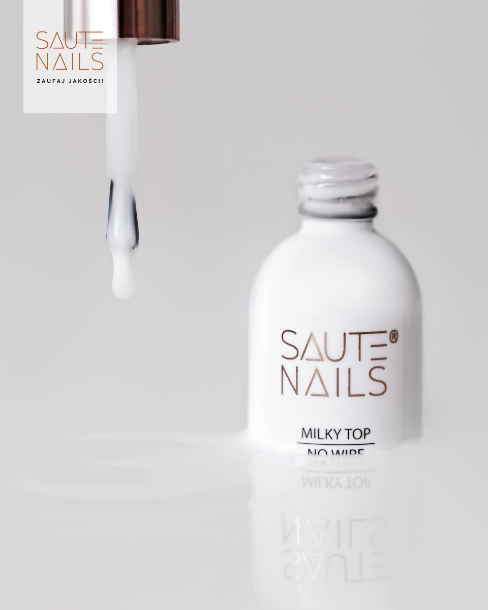 Milky Top No Wipe (Branco Leitoso) Frasco de verniz branco SAUTE NAILS com pincel e verniz a pingar