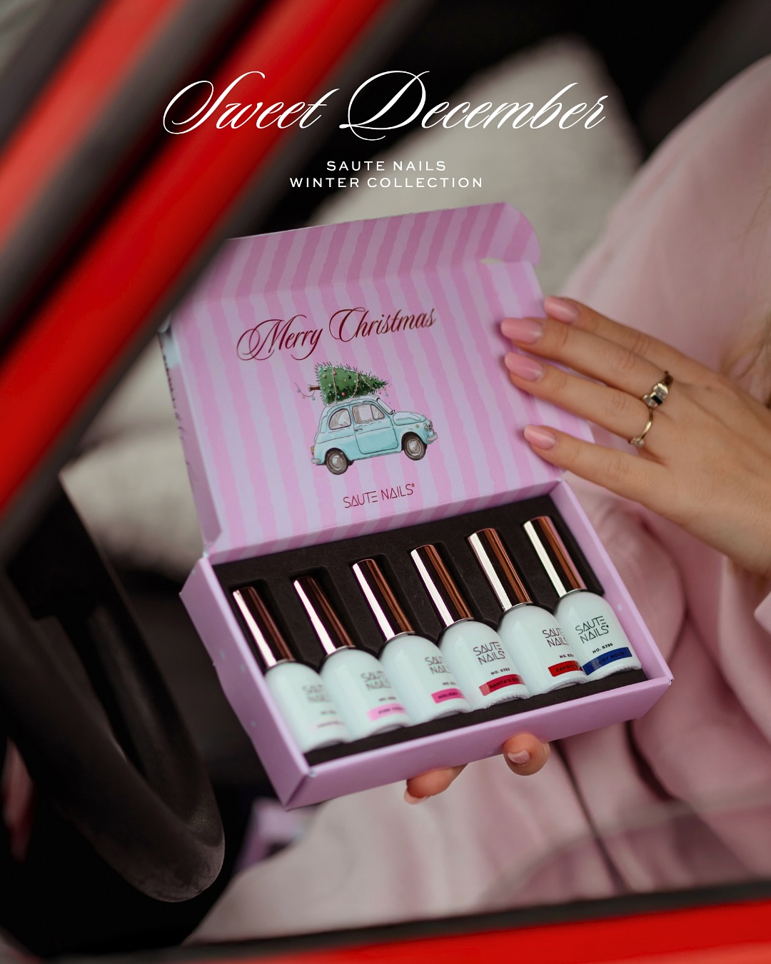 Coleção de Verniz Gel Sweet December (6 Cores de Inverno) Caixa rosa com vernizes para unhas e texto Merry Christmas e Sweet December