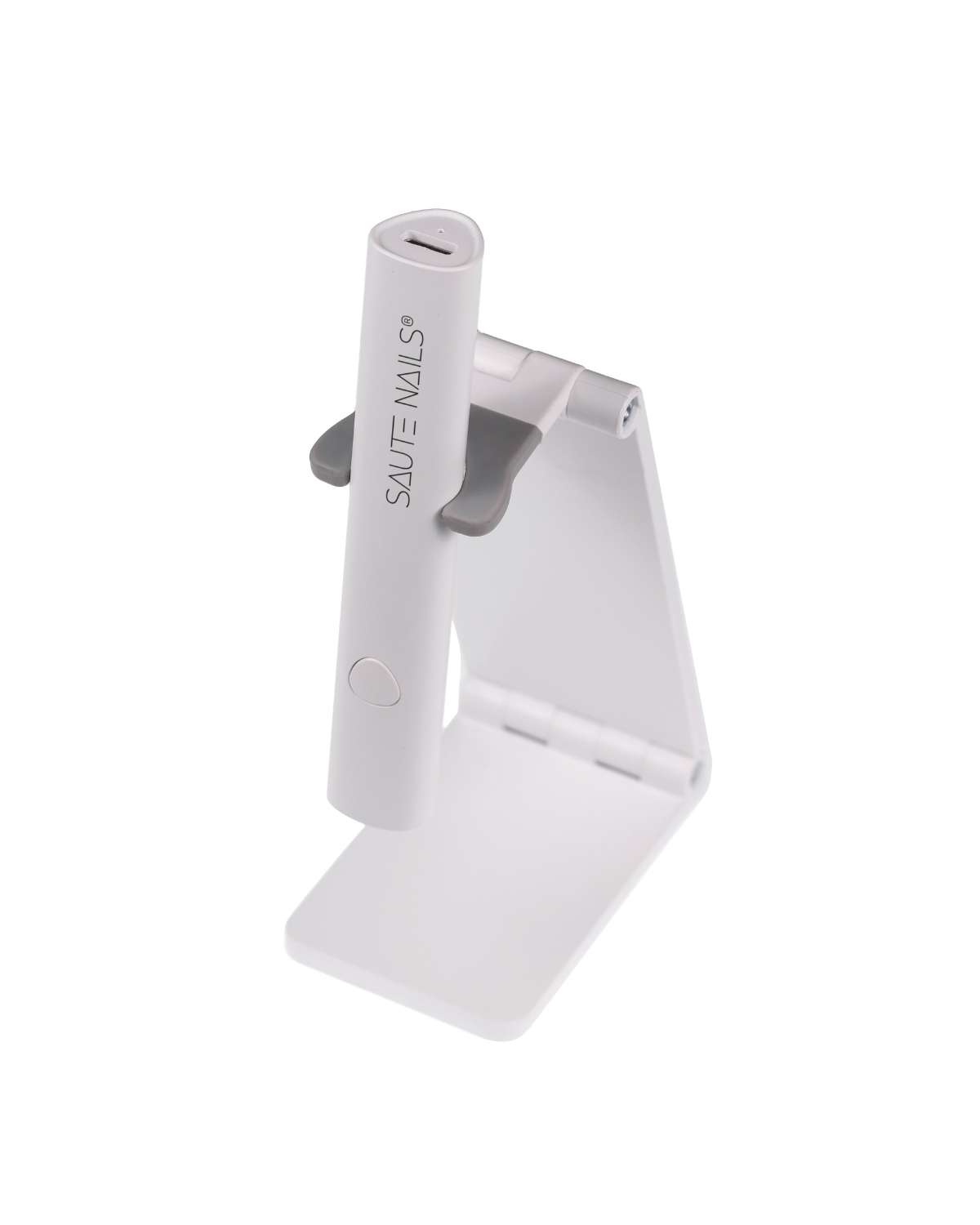 Mini Lâmpada UV/LED para Soft Tips System Dispositivo branco para unhas da marca SAUFé NAILS com suporte branco.