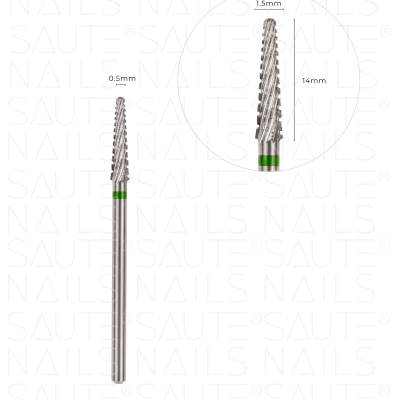 Broca de metal prateada com detalhes verdes para unhas com medidas indicadas.
