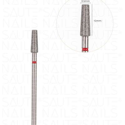 Broca de diamante prateada para unhas com anel vermelho e medidas indicadas em fundo branco
