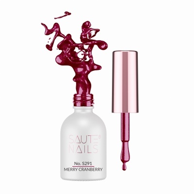 Verniz de unhas vermelho cereja com embalagem branca e tampa rosa