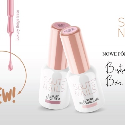 Verniz de unhas Sauté Nails com base Luxury em frascos brancos e tampas rosas