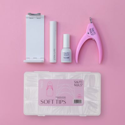 Kit de acessórios para unhas com suporte, esmalte, corta-unhas cor-de-rosa e caixa de dicas ovais
